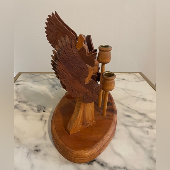 Primitive Wooden Hand Made Triple Angel Taper Candle Stick Holder - Picture 3 of 12